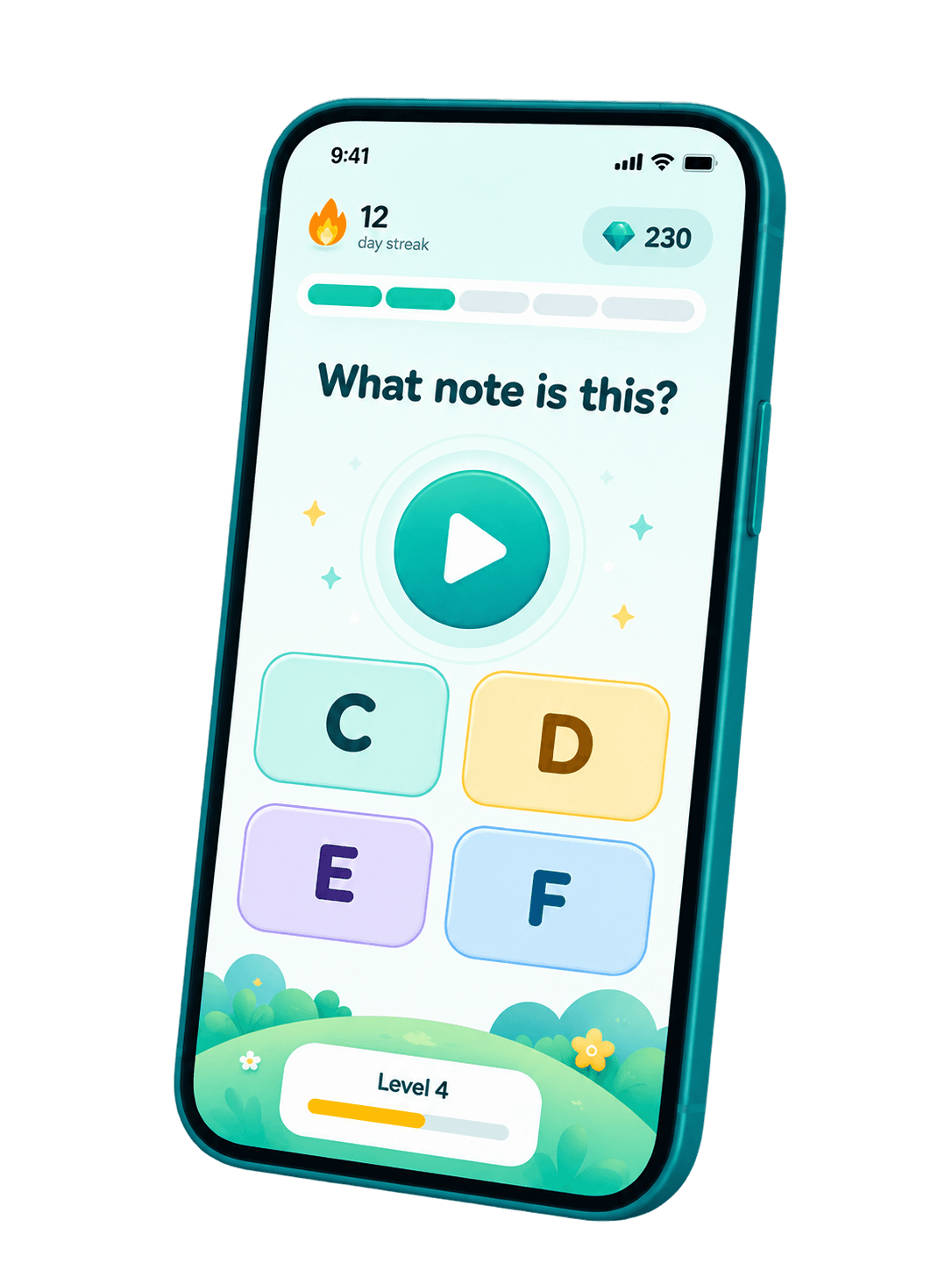 Tono app phone mockup showing a pitch-recognition note question